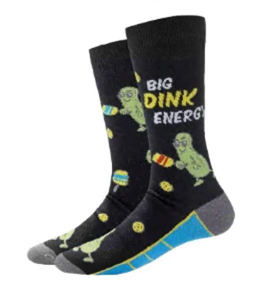 Men's pickleball crew socks in black, flat lay showing cartoon pickle with paddle and Big Dink Energy text