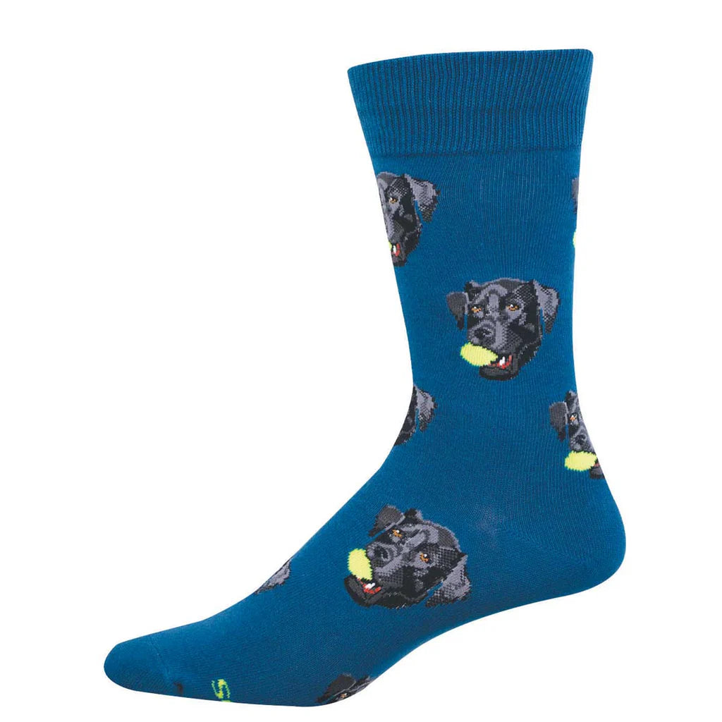 Men's black lab crew socks flat lay in teal blue with black Labrador faces and tennis balls