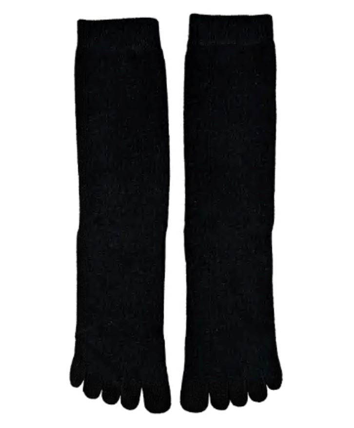 Women's solid black toe socks, flat lay showing individually wrapped toes