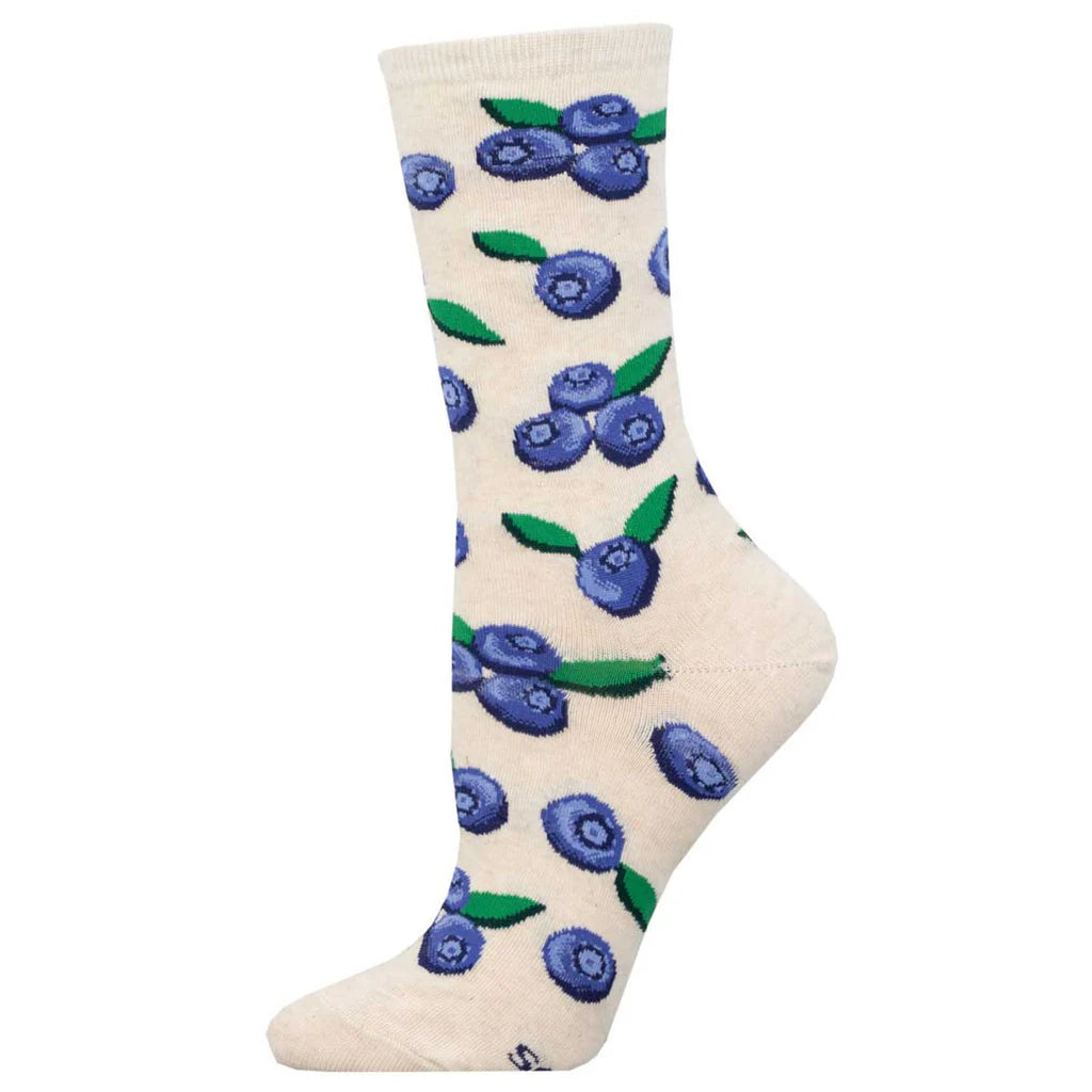 Women's blueberry fruit crew sock in cream, flat product shot