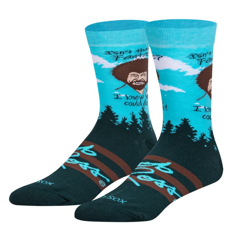 Men's Bob Ross crew socks, front view with portrait and sky-to-trees scene