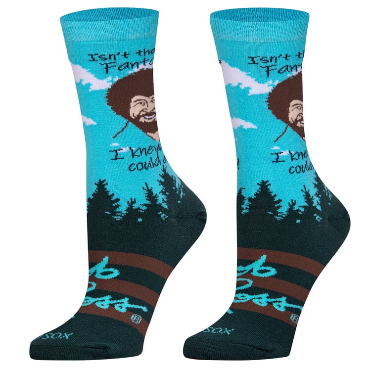 Women's Bob Ross crew socks, front view with portrait and forest scene