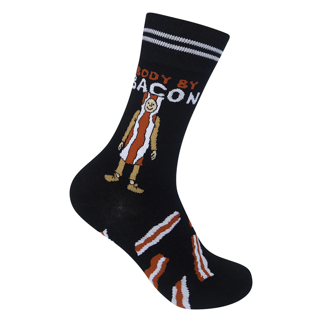 Unisex black 'Body By Bacon' crew sock, flat side view with bacon-costume figure