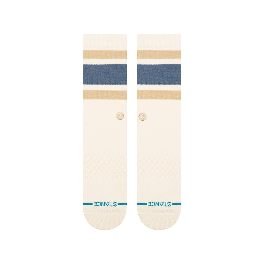 Men's ivory striped crew socks in cream, flat pair shown flat from the front