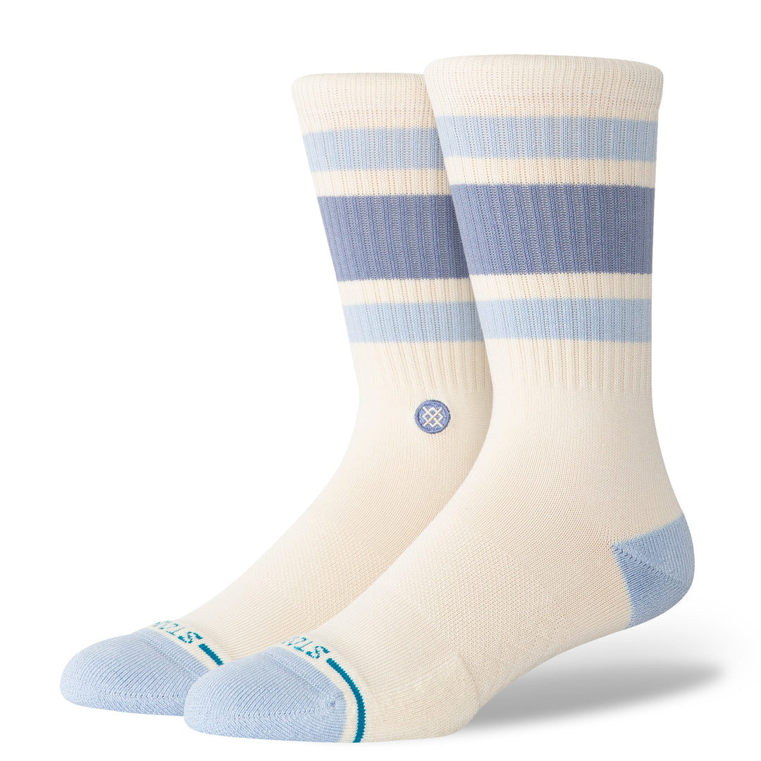 Women's periwinkle and cream striped crew socks, worn side view