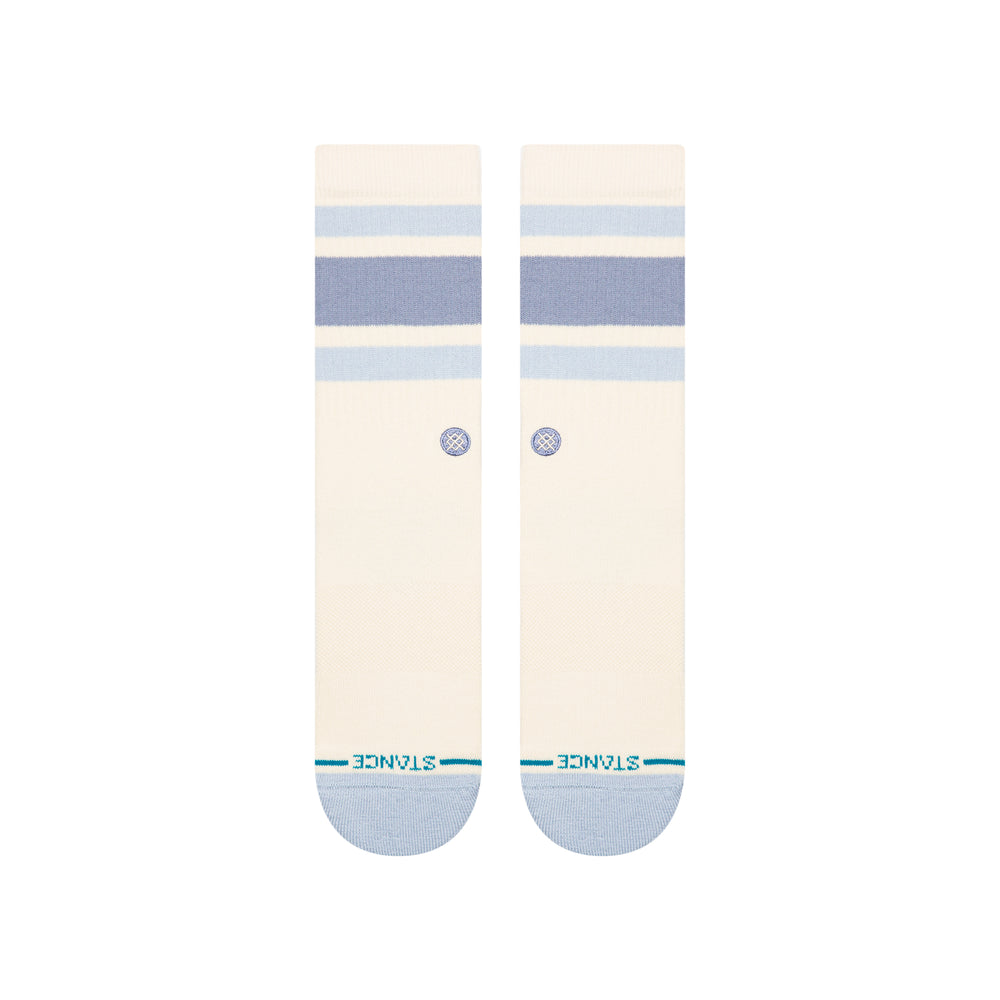 Women's cream crew socks with blue cuff stripes, flat front view with logo