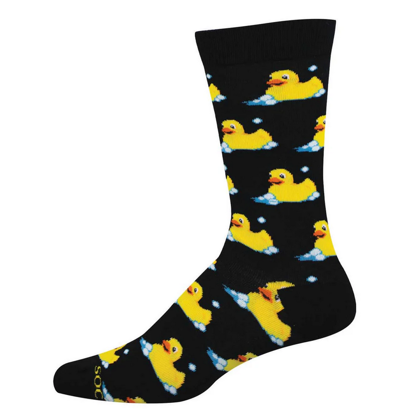 Men's rubber duck crew socks laid flat, black with yellow rubber ducks floating on white bubbles