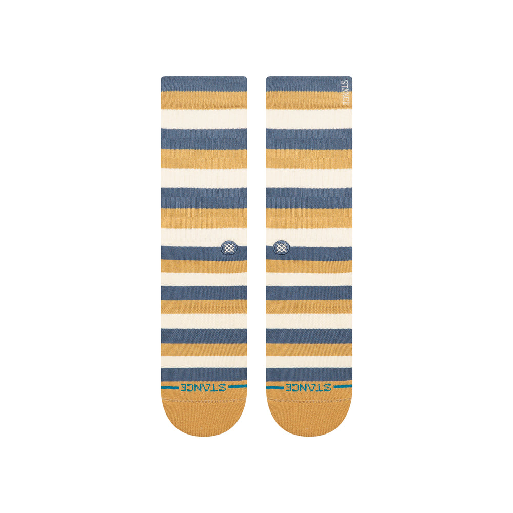 Women's sand and blue striped crew socks, flat top-down view