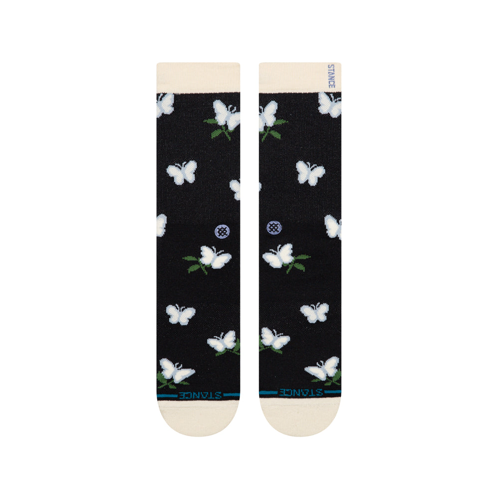 Women's butterfly crew socks on black, flat top-down view