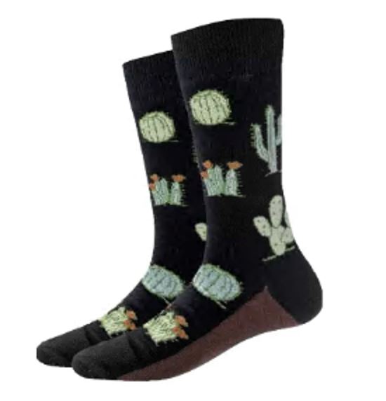 Men's cactus crew socks in black, flat lay showing green cacti and orange blooms