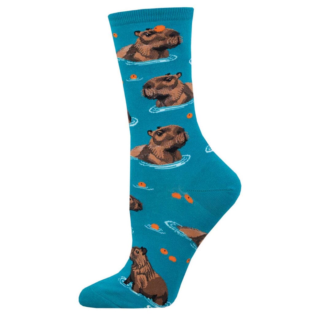 Women's Capybara Chill crew socks, flat side view, capybaras soaking in teal water with orange slices