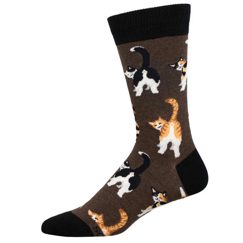 Men's cat butts crew socks in heathered brown with tail-up kitties, worn on foot