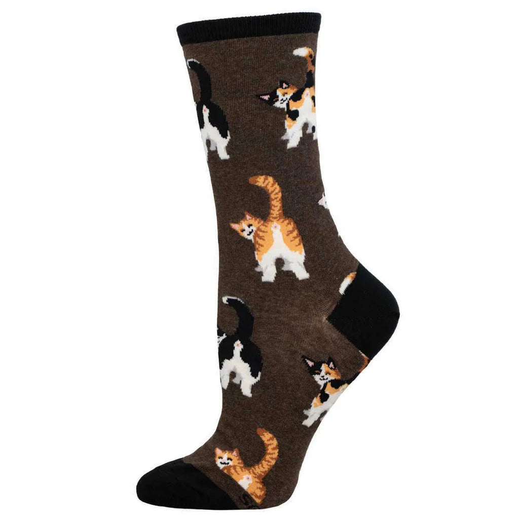 Women's Cat Butts crew socks worn side view, brown with calico, tabby, and tuxedo cats from behind