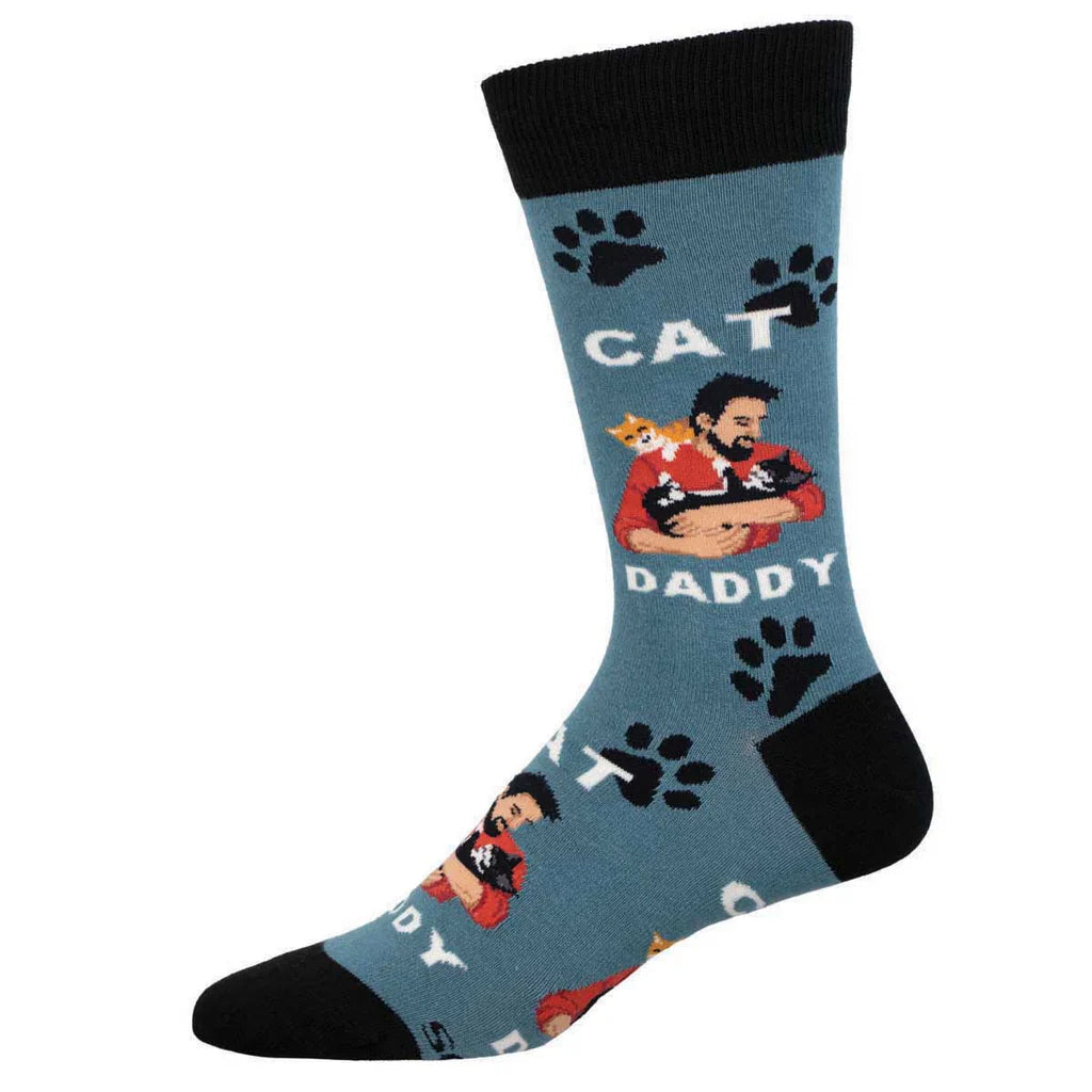 Men's Cat Daddy crew sock with man holding cat in blue, flat product shot