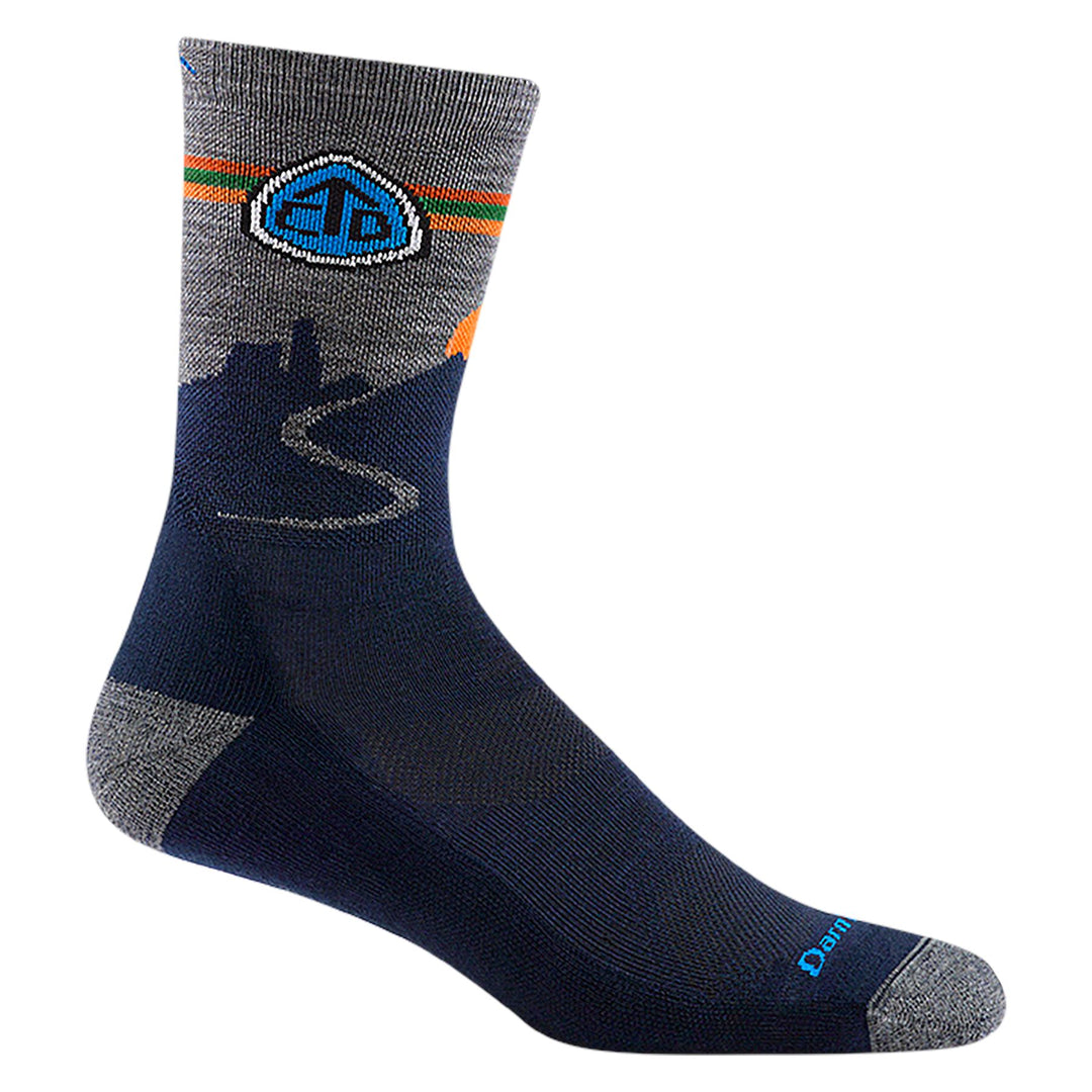 Men's eclipse navy micro crew sock with winding road and summit badge, flat side view