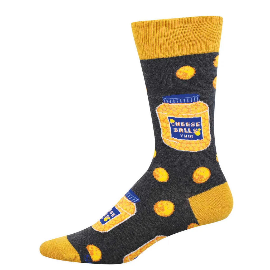 Men's cheese balls crew socks flat lay in charcoal with blue tubs and orange cheese balls