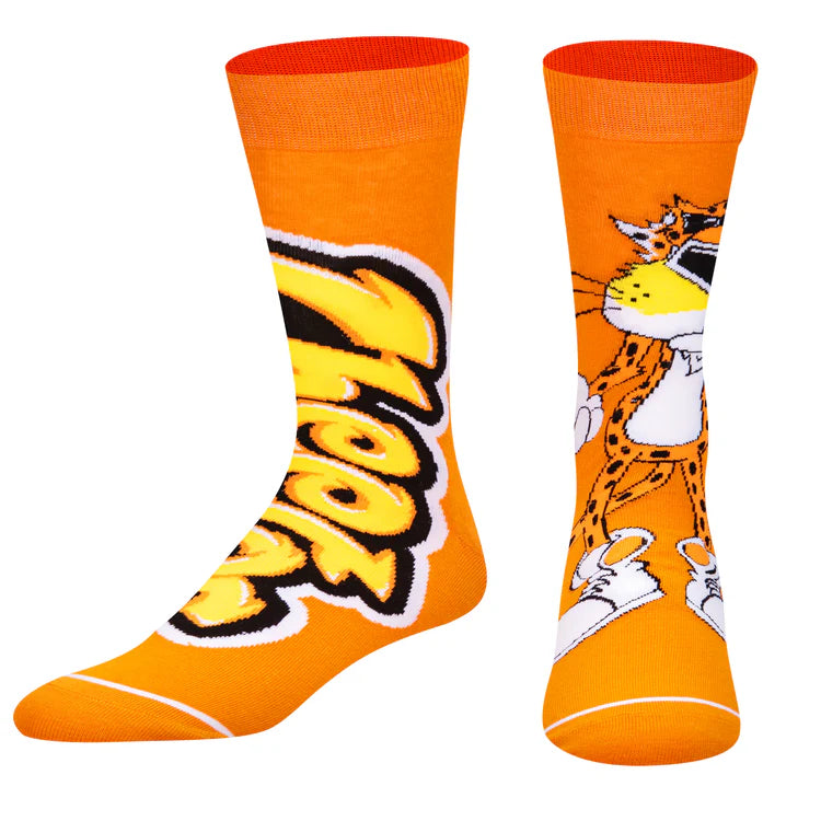 Men's Cheetos crew socks front flat view with Chester Cheetah and wordmark