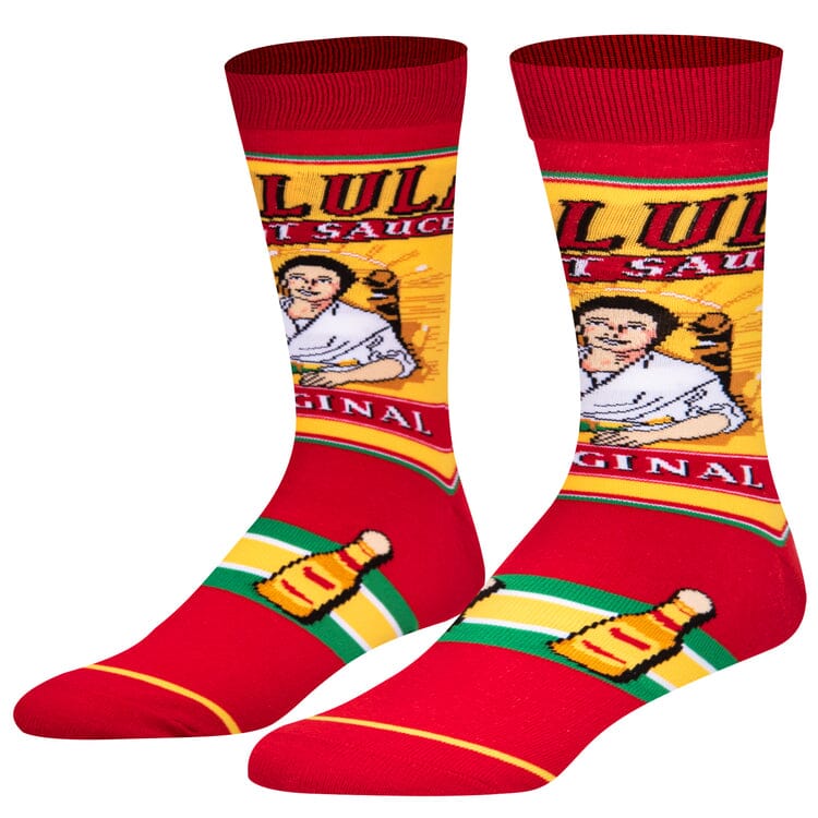 Men's Cholula hot sauce crew socks, flat lay showing label and bottles