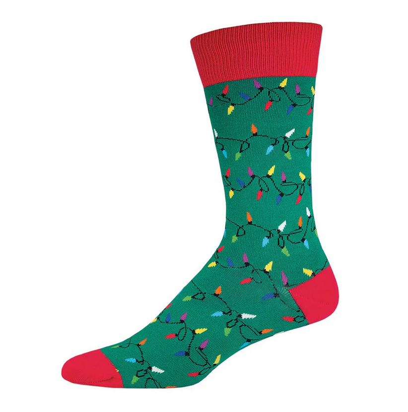 Men's Christmas lights crew socks laid flat, green with strands of multicolored holiday light bulbs