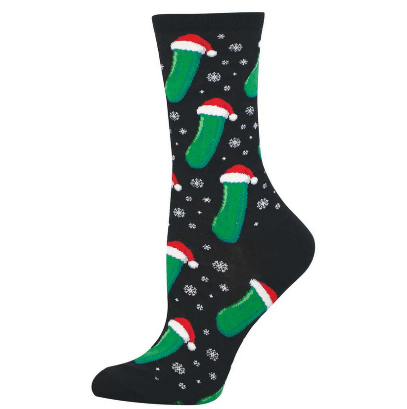 Women's Christmas pickle crew socks in black with Santa-hat pickles and snowflakes, flat lay single sock