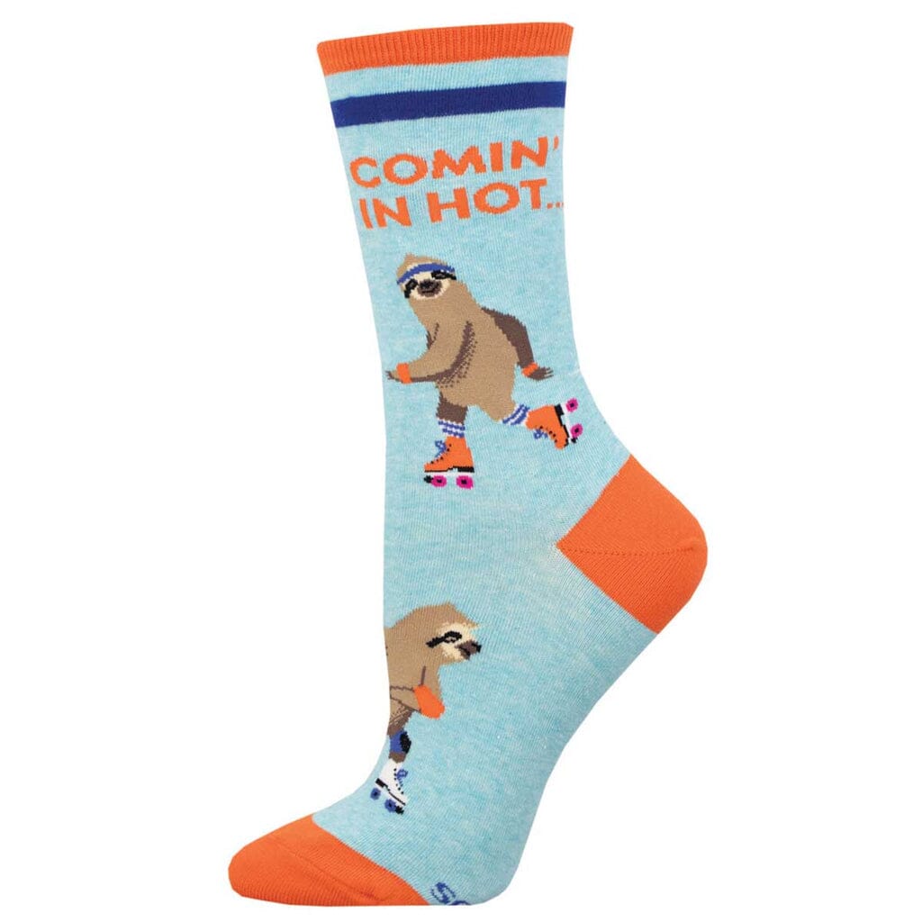 Women's Comin' In Hot crew socks, flat side view, roller-skating sloth with "COMIN' IN HOT" text on blue