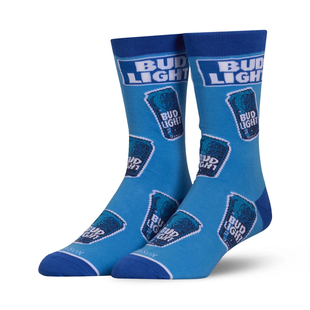 Women's Bud Light can crew socks, blue with scattered cans and logo, flat front view