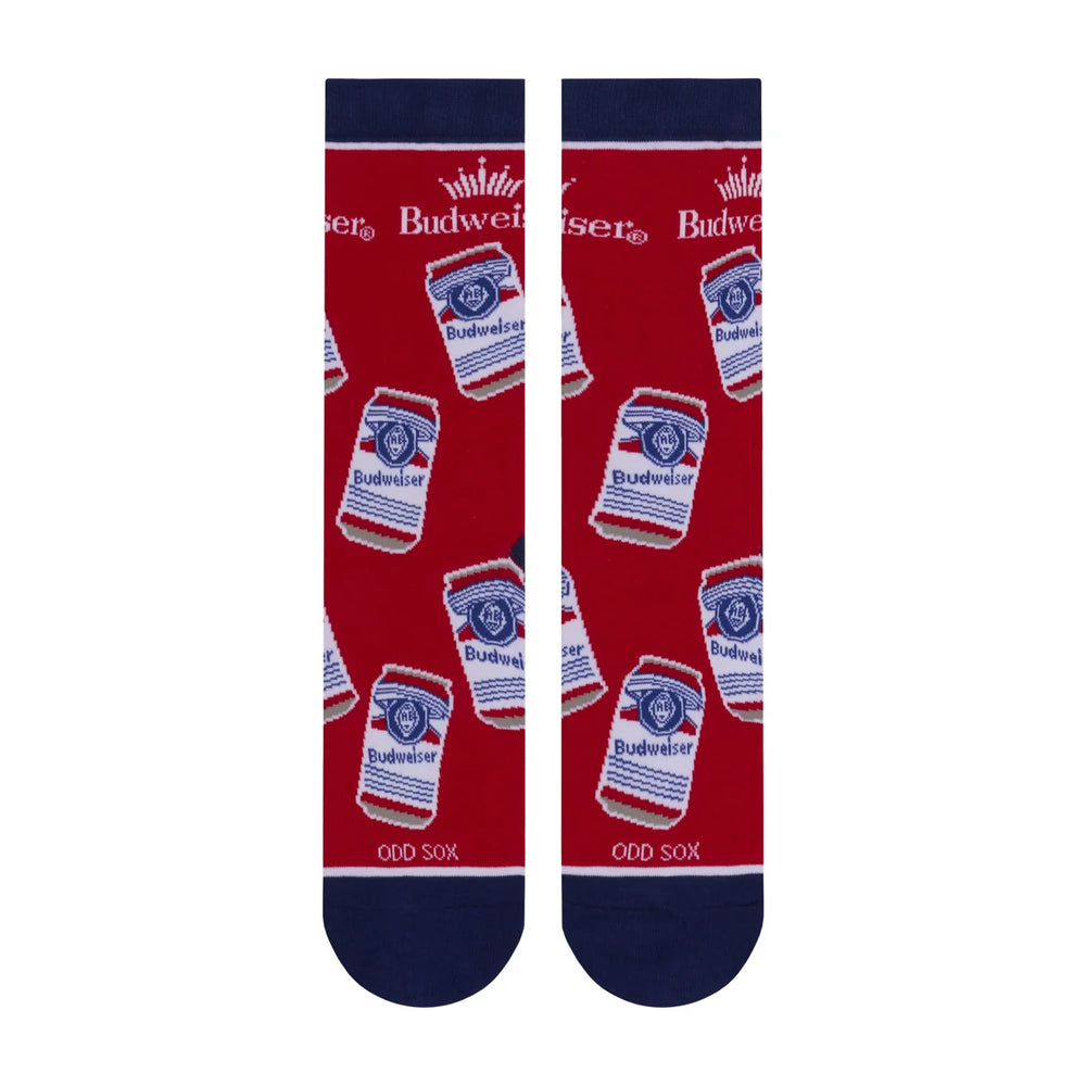 Men's Budweiser can crew socks, flat back view with logo cuff