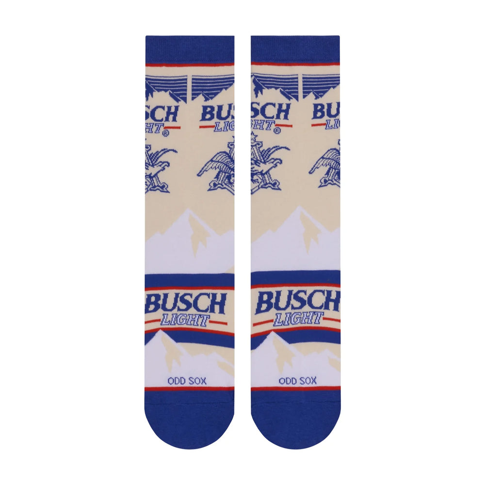 Men's Busch Light retro crew socks, flat back view with logo and mountains