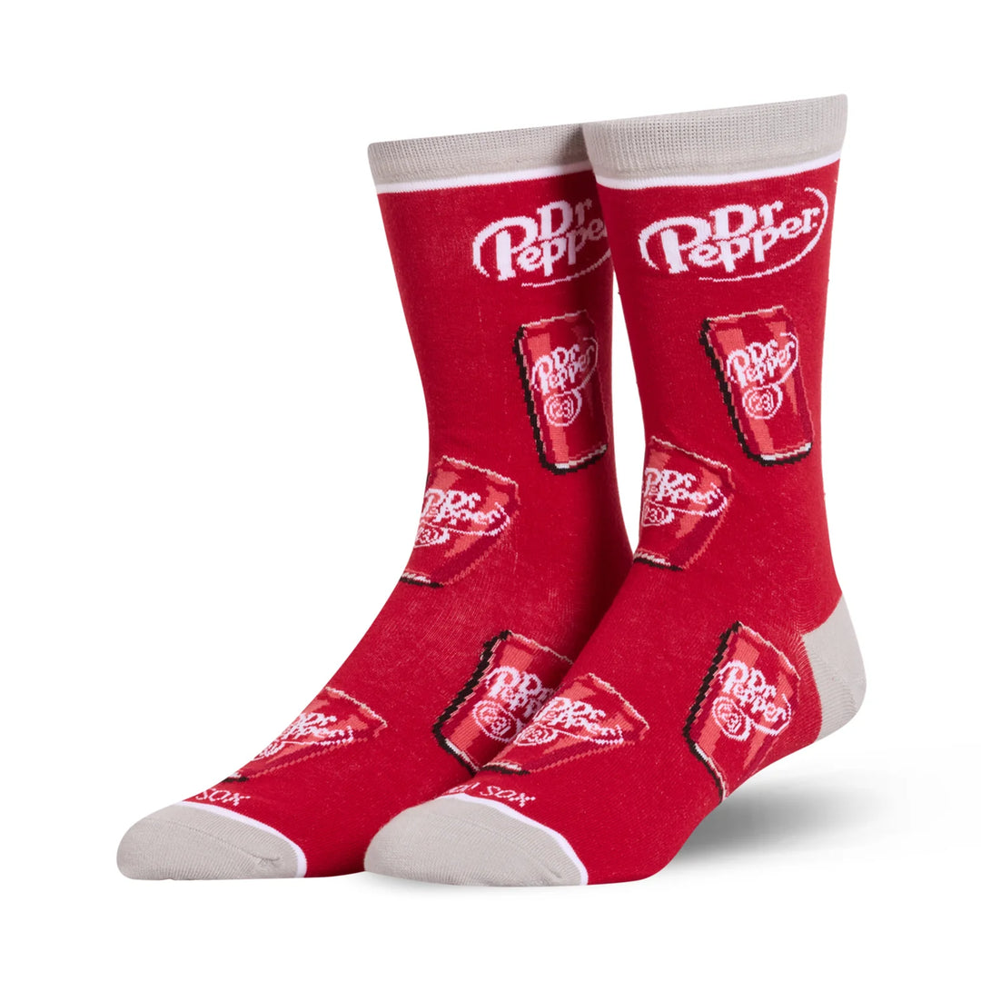 Women's Dr. Pepper red crew socks, angled view of pair