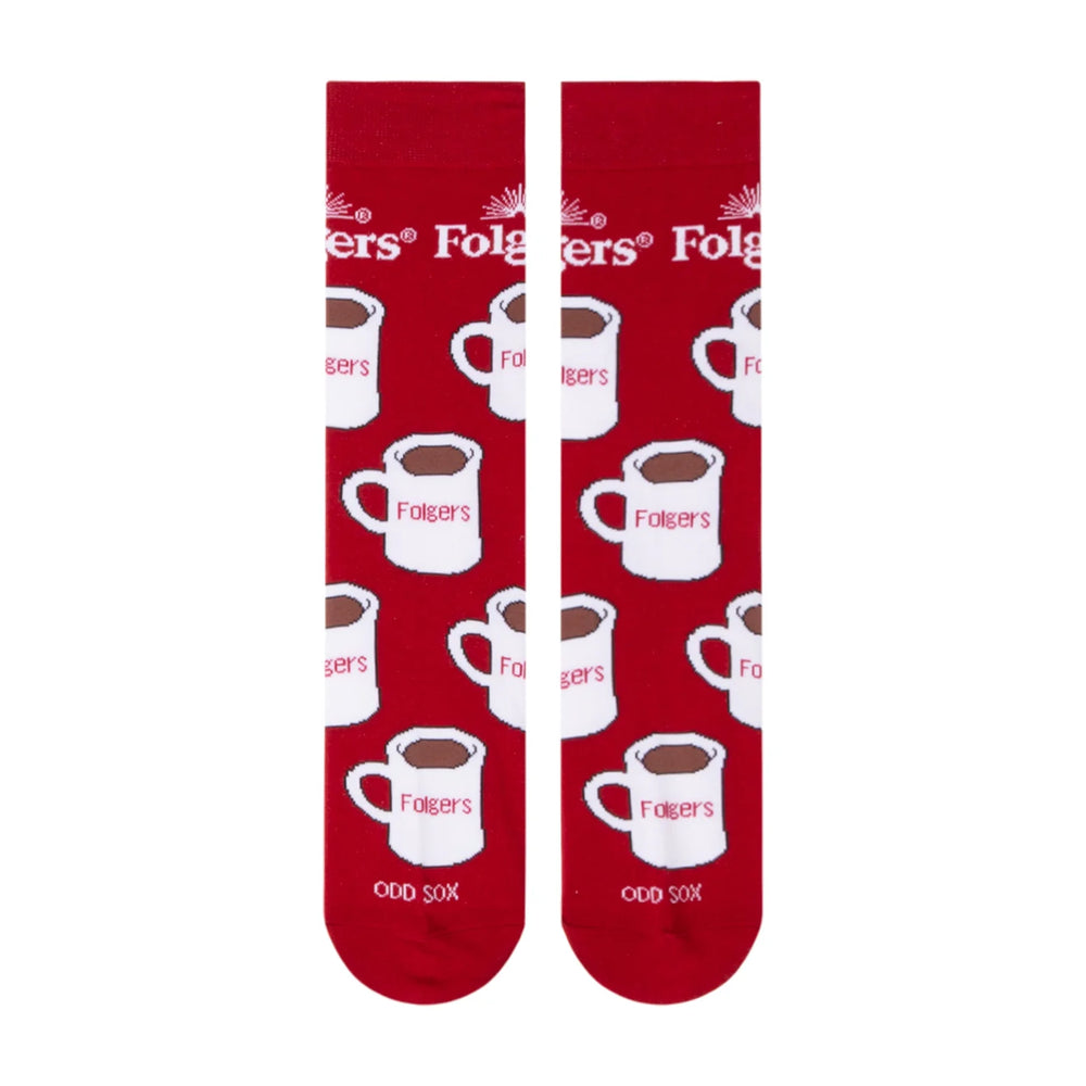 Women's Folgers coffee mug crew socks, flat back view with logo cuff