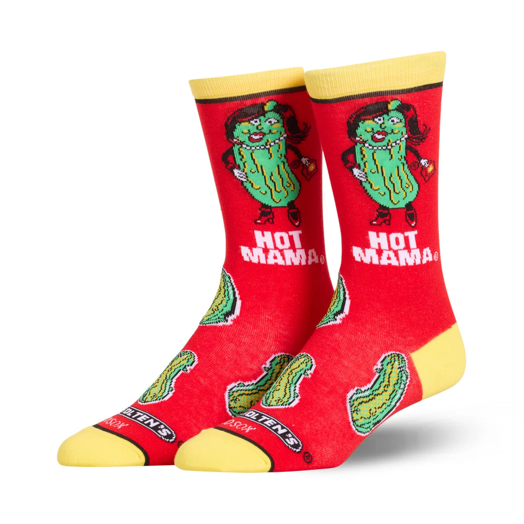Women's Hot Mama pickle crew socks, red with flexing pickle mascot, flat front view