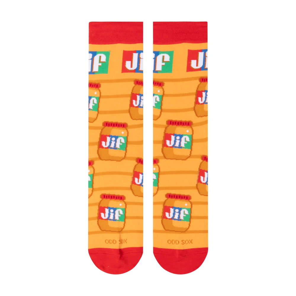 Women's Jif peanut butter crew socks, flat back view with jar print