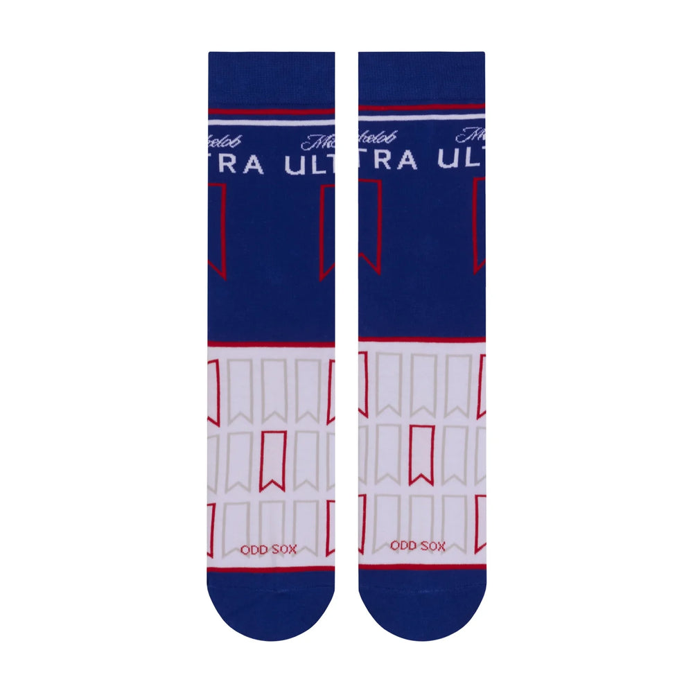 Women's Michelob Ultra can crew socks, flat back view with label panels