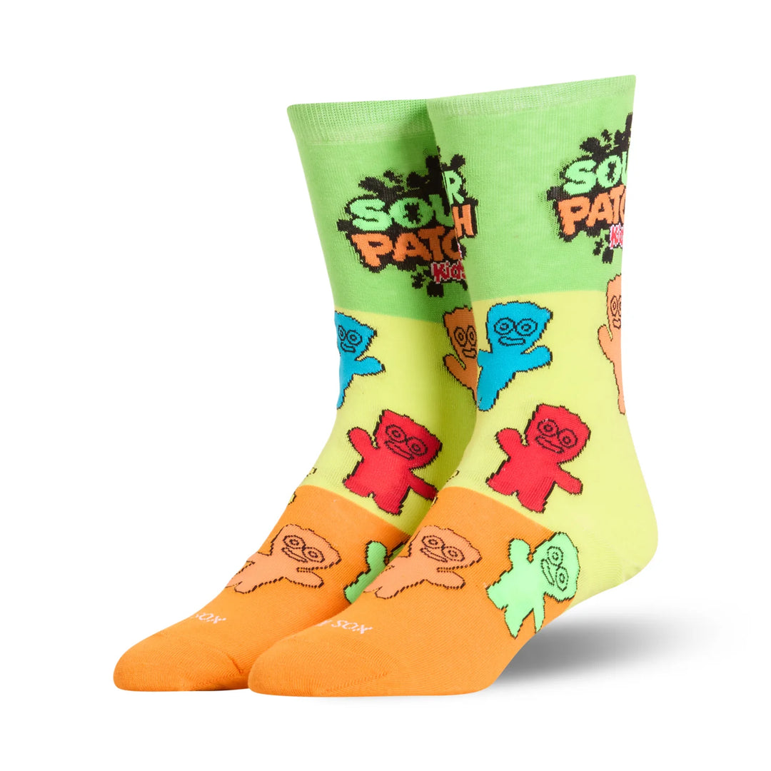 Women's Sour Patch Kids green crew socks, angled view of pair
