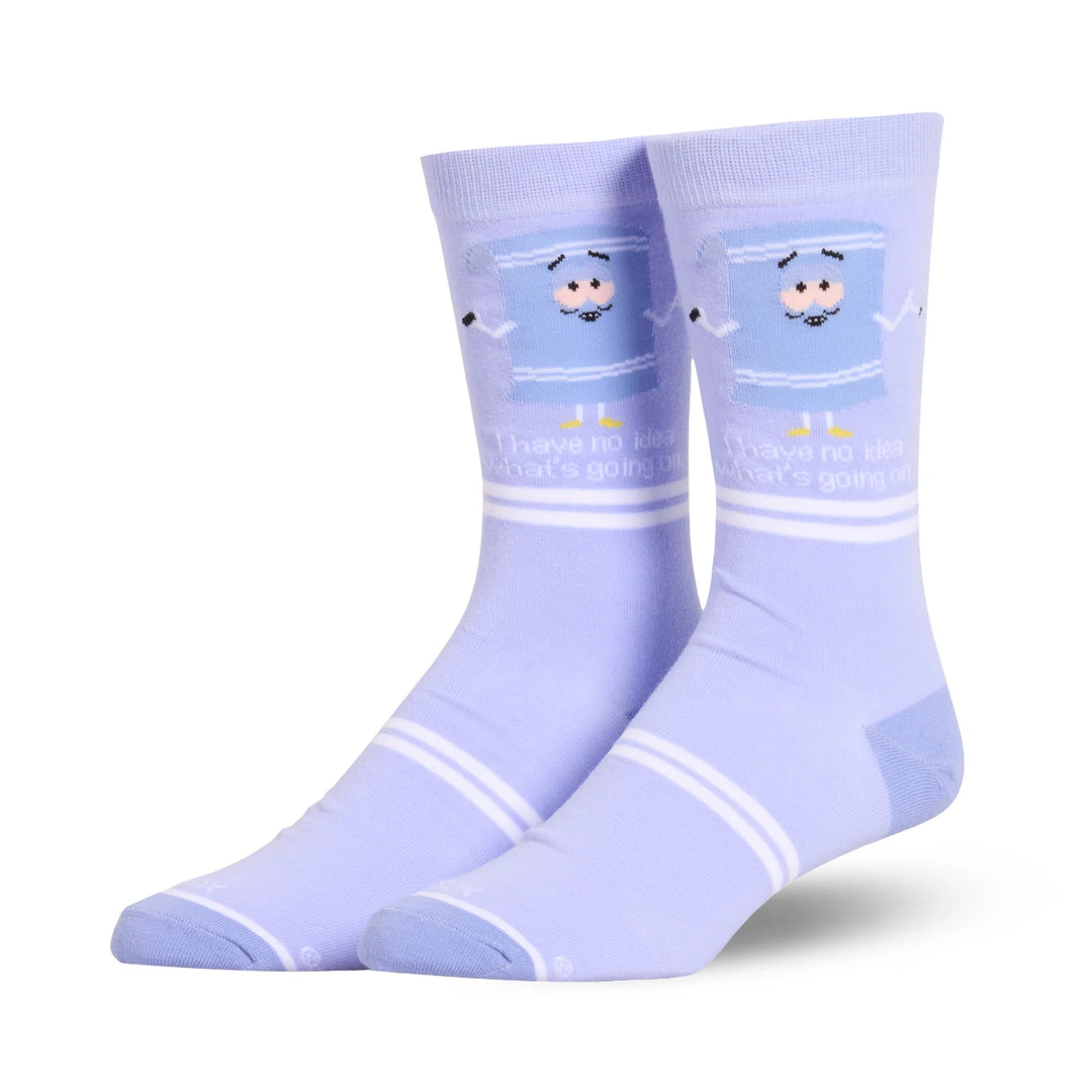 Men's South Park Towelie lavender crew socks, flat front view