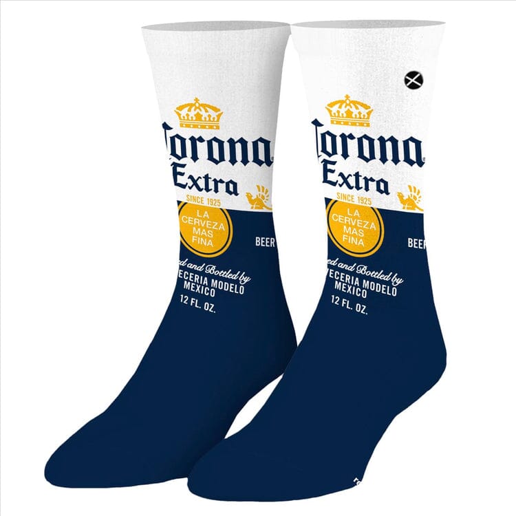 Men's Corona Extra crew socks, flat lay alternate angle of both socks