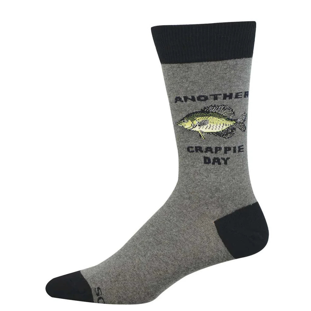 Men's crappie fishing crew socks flat lay in gray with a crappie fish and Another Crappie Day text