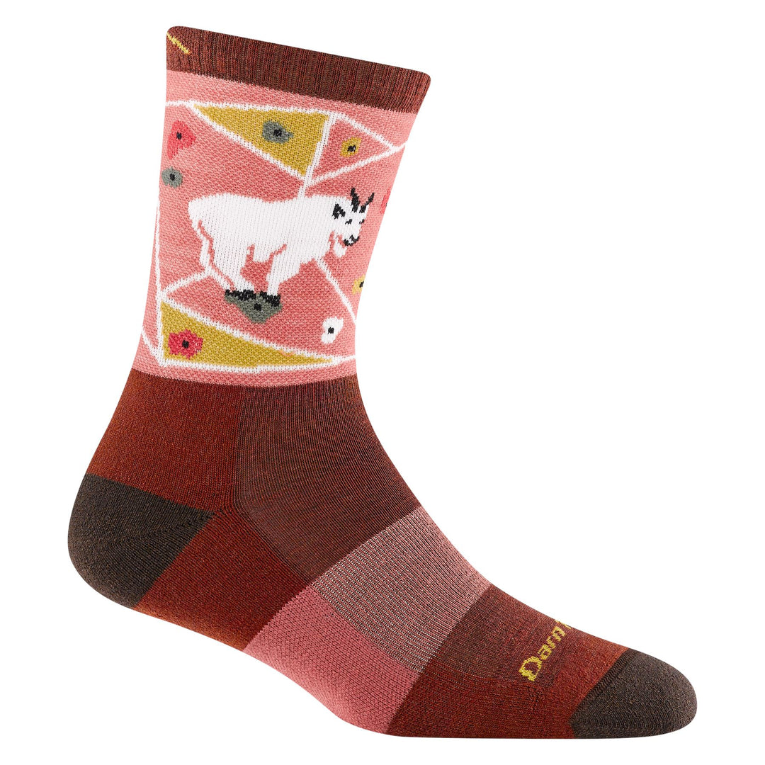 Women's canyon pink micro crew sock with mountain goat and flowers, flat side view
