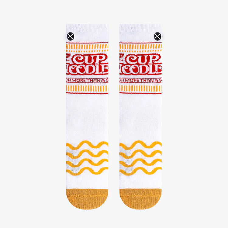 Kids' Cup Noodles crew socks, flat lay front view with noodle pattern