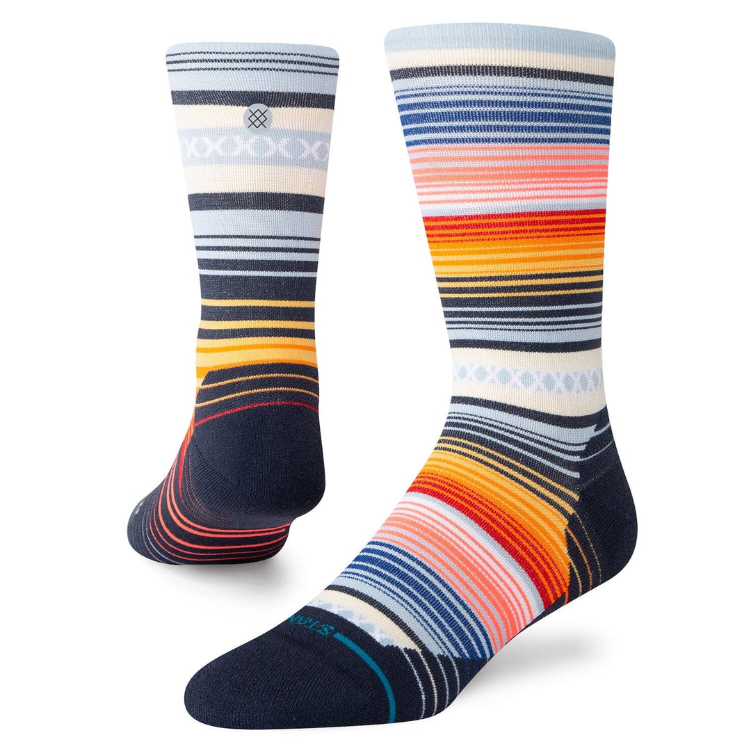 Men's serape-stripe hiking crew socks, angled flat pair shot