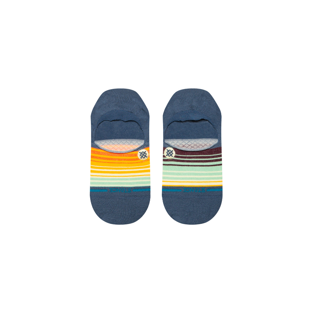 Women's blue striped no-show socks, flat top view with logo