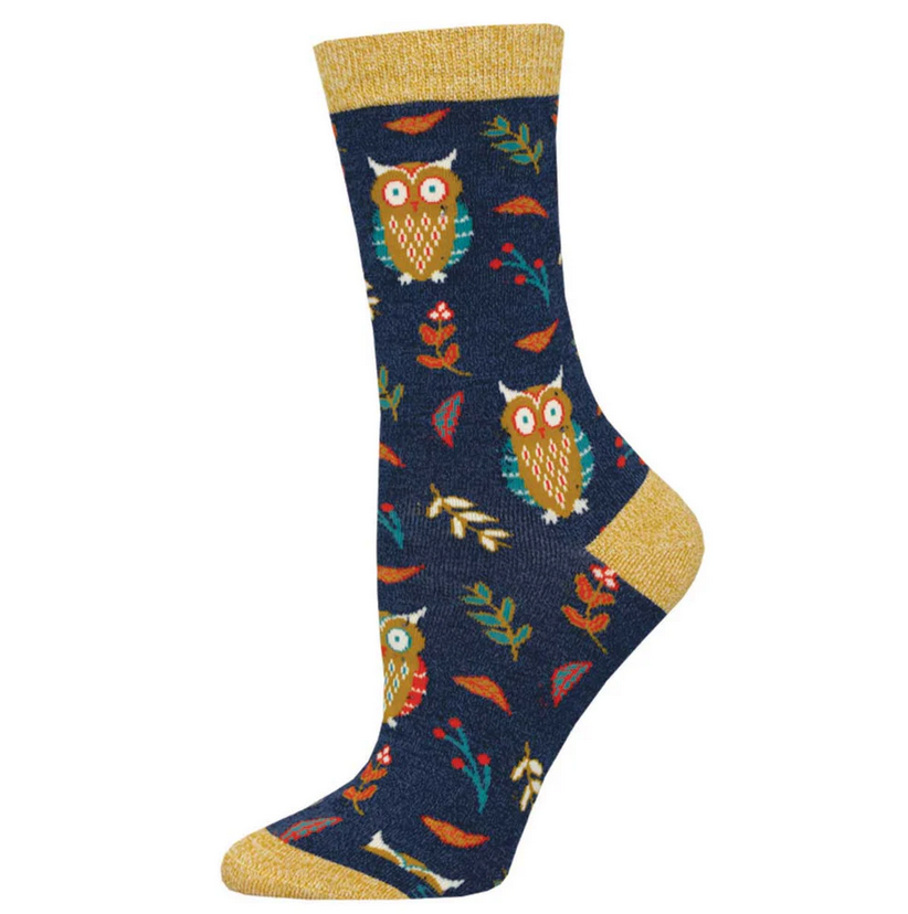 Women's cute hoot crew socks laid flat, navy with round owls, autumn leaves, and gold metallic cuff and toe