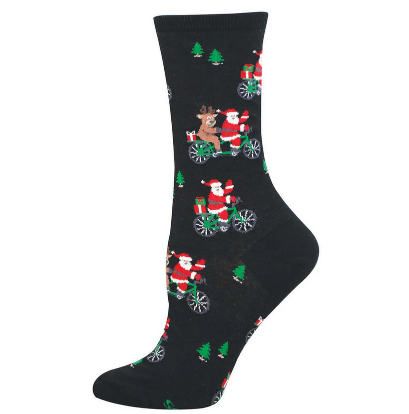 Women's cycling Santa crew socks in black with Santa riding bicycles, flat lay single sock