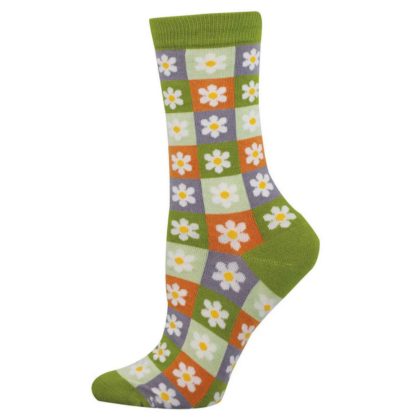 Women's daisy square crew socks laid flat, checkerboard of orange, green, and lavender squares with white daisies