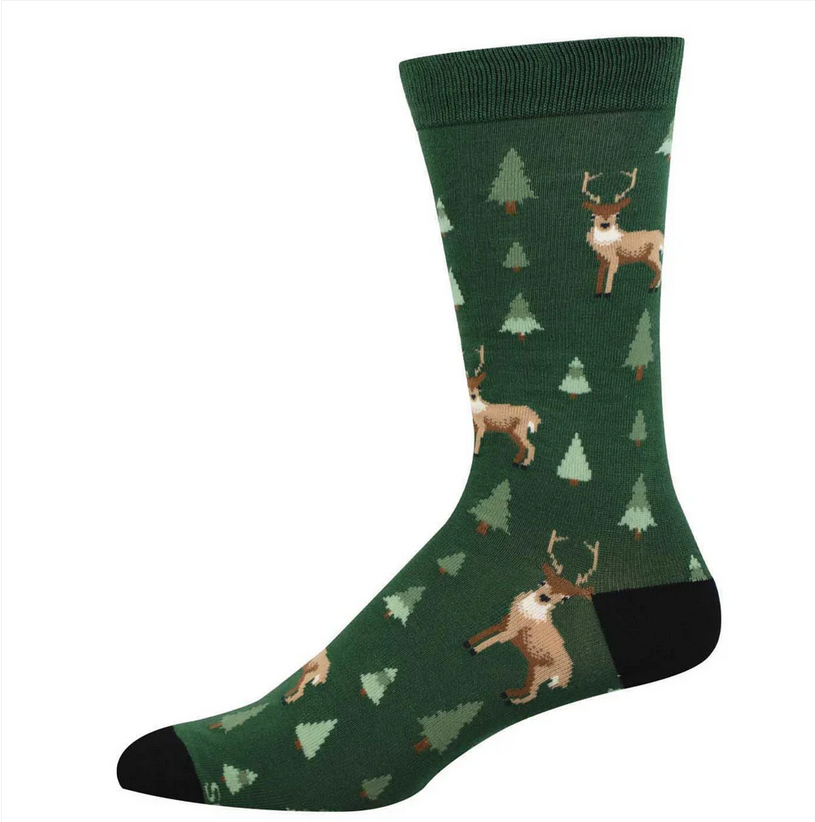 Men's deer and pine tree crew socks in green, flat lay side view