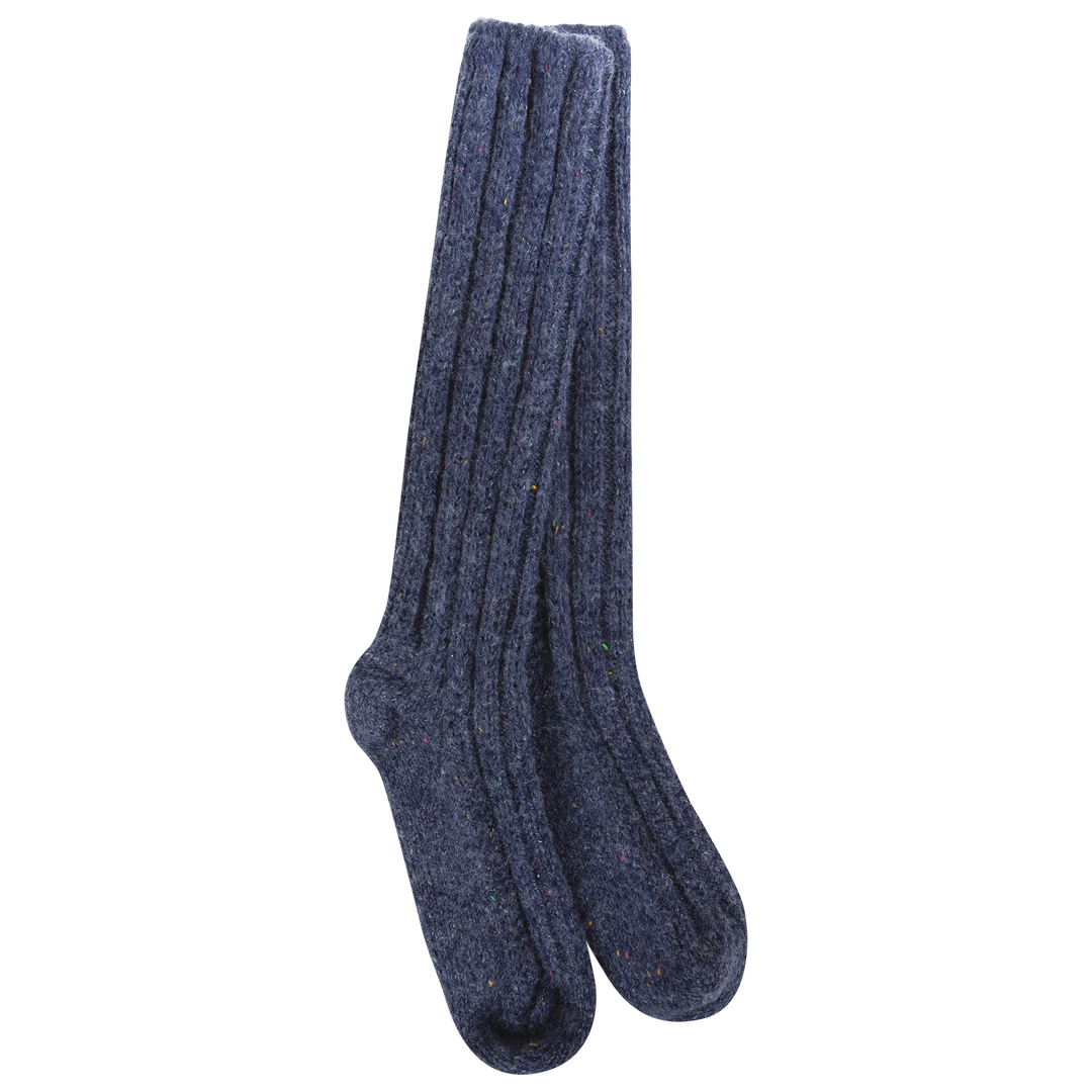 Women's denim confetti slouch crew socks in heather blue, flat lay