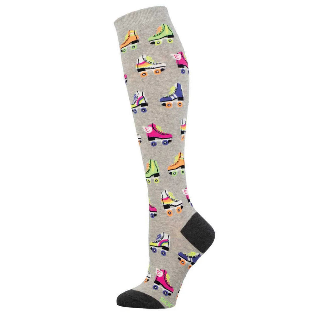 Women's gray knee high sock with colorful retro roller skate design, flat product shot