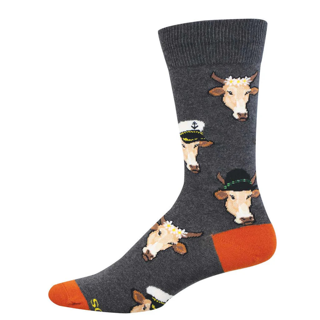 Men's divine bovine crew socks flat lay in charcoal gray with hat-wearing cartoon cows