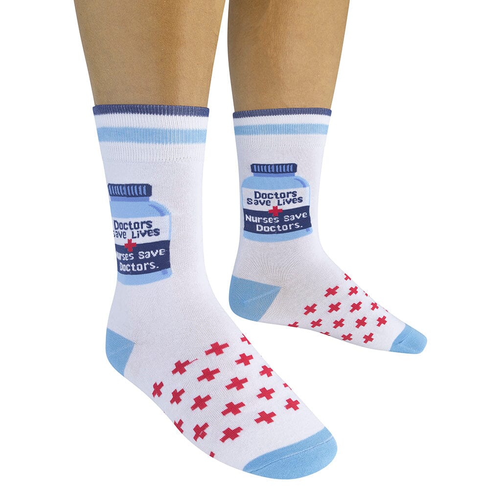 Unisex nurse crew socks worn on feet front view