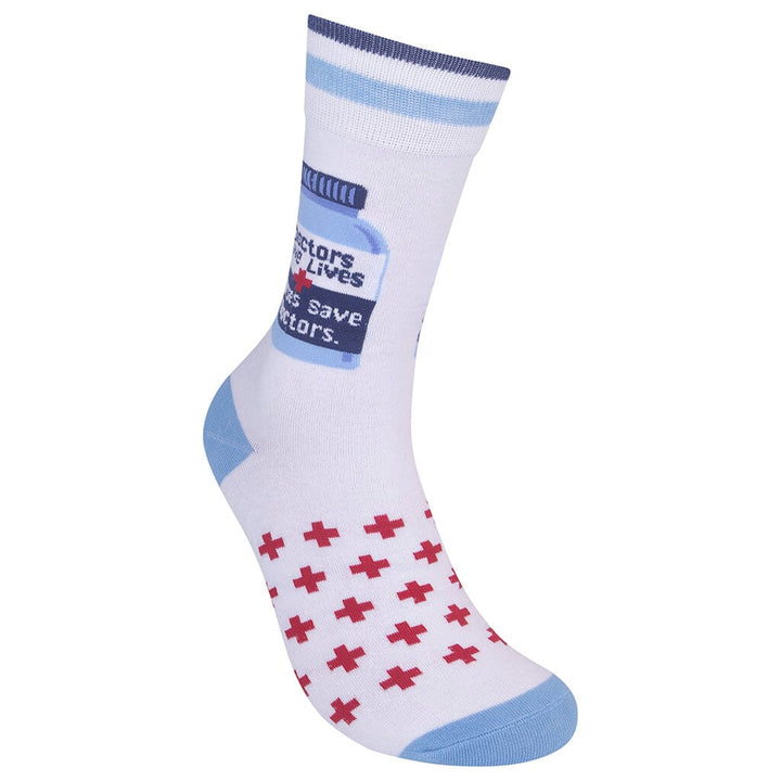 Unisex nurse crew socks flat view showing red crosses on foot